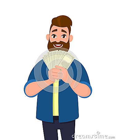 Happy young man holding cash/money/banknotes in hands. Vector Illustration