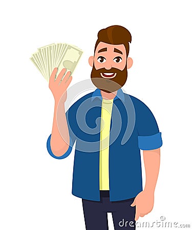 Happy young man holding cash/money/banknotes. Vector Illustration
