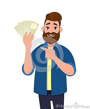 Happy young man holding cash/money/banknotes and pointing his index finger towards that. Financial money concept. Human emotion. Vector Illustration