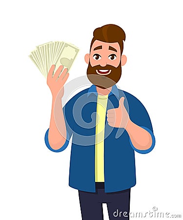 Happy young man holding cash/money/banknotes and showing thumbs up or like sign. Financial money concept. Human emotion concept. Vector Illustration
