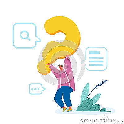 Happy Young Man Holding Huge Question Mark above Head Isolated on White Background. Male Character Found Solution Vector Illustration