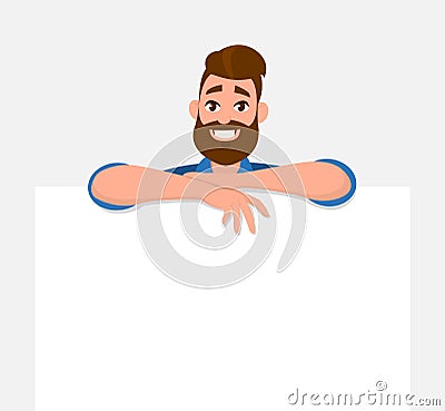 Happy young man holding/showing/displaying white blank board/banner/poster. Vector Illustration