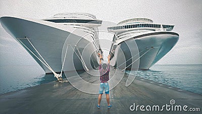 Happy young man on the pier with a cruise liner, a man traveling on a cruise ship. A happy man in the port near the ocean. Stock Photo