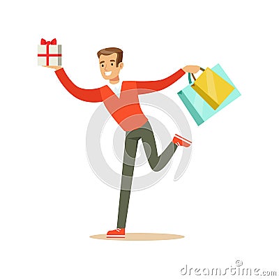 Happy young man in a red pullover running with gift box and shopping bags colorful character vector Illustration Vector Illustration