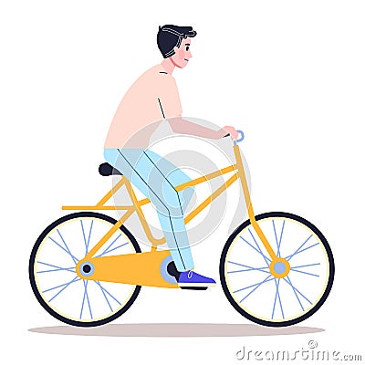 Happy young man ride bicycle side view. Healthy and active Vector Illustration