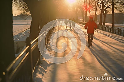 A happy young man is running down a city street on a winter morning. Stock Photo