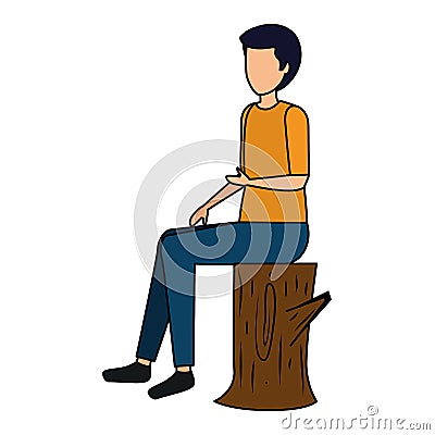 happy young man seated in tree trunk Cartoon Illustration