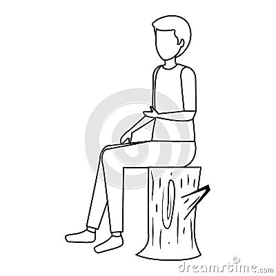 happy young man seated in tree trunk Cartoon Illustration