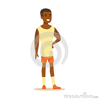 Happy young man in shorts and sleeveless shirt with tattoos on his hands standing. Colorful cartoon character vector Vector Illustration