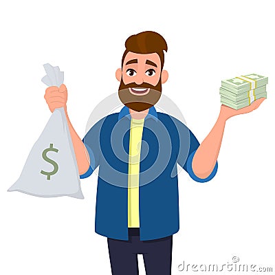 Happy young man is showing or holding money bag, cash bag and bunch of money, cash, currency, dollar bills, banknotes in hand. Vector Illustration