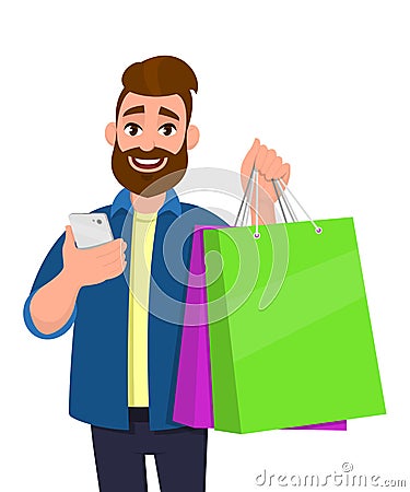 Happy young man showing shopping bags. Person holding a mobile, cell, smart phone in hand. Modern lifestyle, digital technology. Vector Illustration