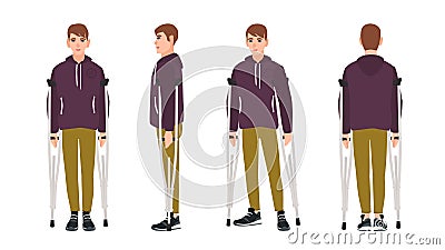 Happy young man standing or walking with crutches. Cute guy with limited mobility. Joyful male cartoon character with Vector Illustration