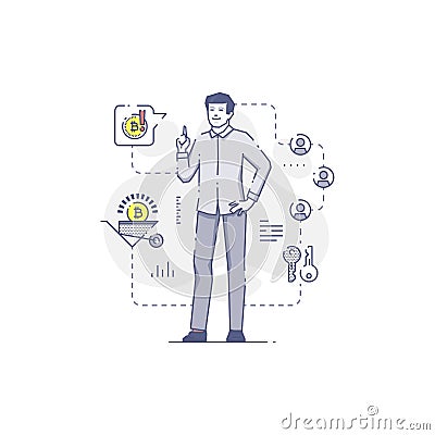 Happy young man stands and holds finger up Cartoon Illustration