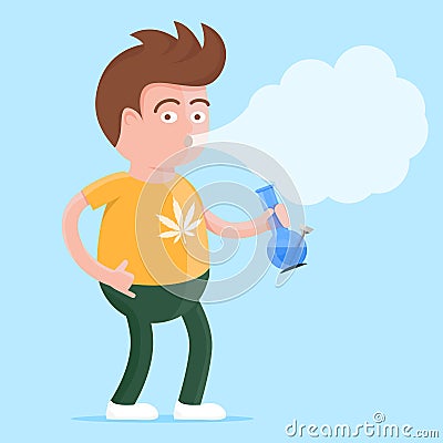 Happy young man in t-shirt with cannabis print and bong in the hand smoking marijuana. Colorful vector character illlustration Vector Illustration