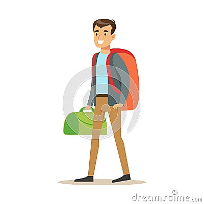 Happy young man traveler standing with backpack and suitcase. Summer travel colorful cartoon character vector Vector Illustration