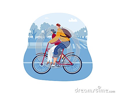Happy young man woman people ride cartoon bicycle, vector illustration. Romantic couple at bike, cartoon love travel day Vector Illustration
