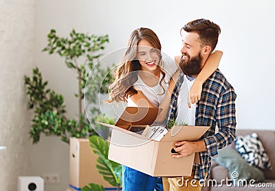 Happy young married couple moves to new apartment Stock Photo