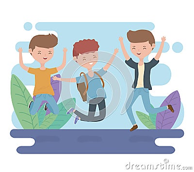 Happy young men celebrating jumping characters Vector Illustration