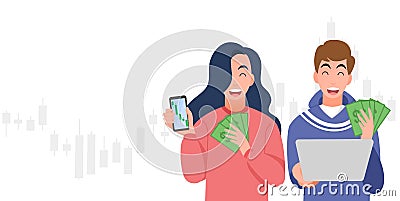Happy young men and women trading stocks market,cryptocurrency, get profit,hold smartphone and laptop,investing concepts, Vector Illustration