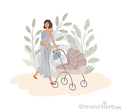 Happy young mom walking with baby in pram. Modern trendy woman pushing stroller with child. Mother with pushchair Vector Illustration