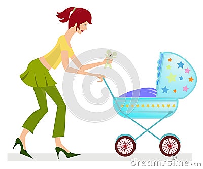 Happy young mother with baby carriage Vector Illustration