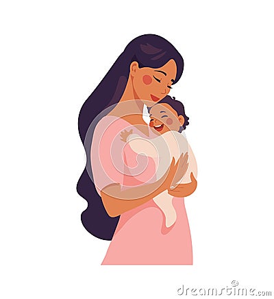 Happy young mother hugs her laughing baby. Mother s Day card, concept of motherhood and parenthood, family support. Flat Cartoon Illustration