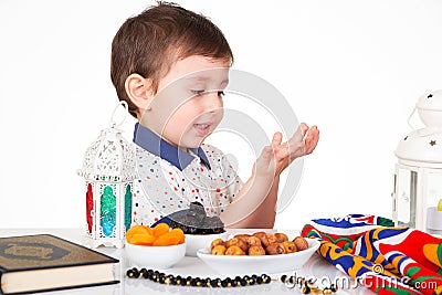 Happy young Muslim child in Ramadan Stock Photo