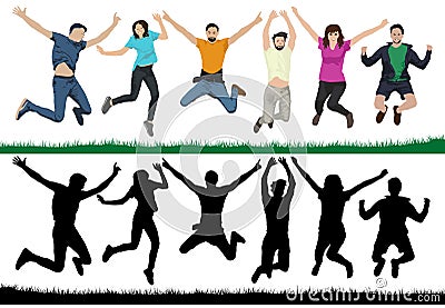 Happy young people. Group of people in a jump. Cheerful youth in the air on trampolines. Friends are jumping. Vector illustration Vector Illustration