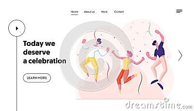 Happy Young People Having Party Website Landing Page. Joyful Characters Dance and Jumping with Hands Up in Room Vector Illustration