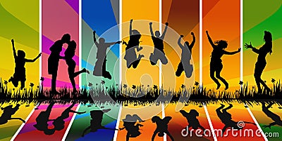 Happy young people jumping Cartoon Illustration