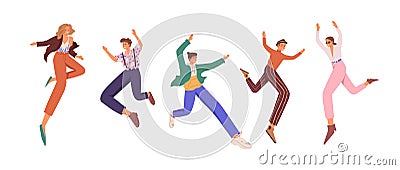 Happy young people jumping up for fun and joy. Set of active cheerful smiling men and women with feeling of freedom Vector Illustration