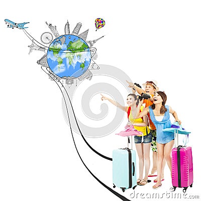 Happy young people point the worldwide landmark direction Stock Photo