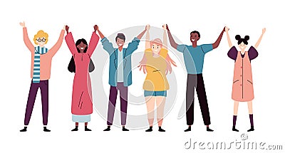 Happy young people standing together and holding hands Vector Illustration