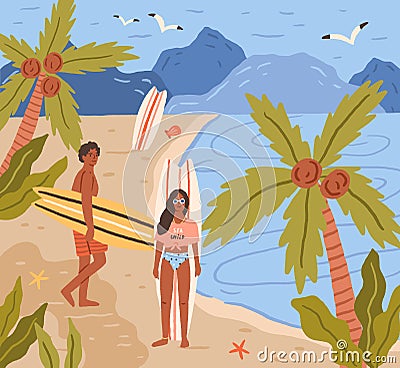 Happy young people with surfboards on tropical beach in summer. Smiling surfers on sea or ocean coast. Summertime Vector Illustration