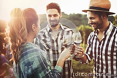People tasting wine in vineyard Stock Photo