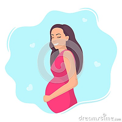 Happy young pregnant woman with big belly. Beautiful pregnant woman character. Girl expecting a baby. Maternity concept. Vector Stock Photo