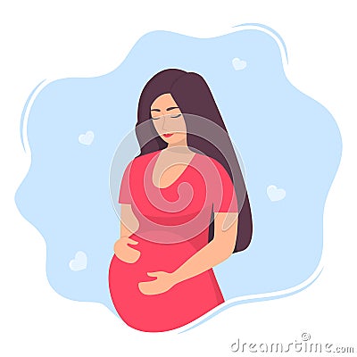 Happy young pregnant woman with big belly. Beautiful pregnant woman character. Girl expecting a baby. Maternity concept. Vector Stock Photo