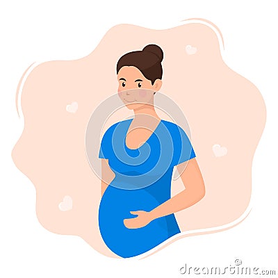 Happy young pregnant woman with big belly. Beautiful pregnant woman character. Girl expecting a baby. Maternity concept. Vector Stock Photo