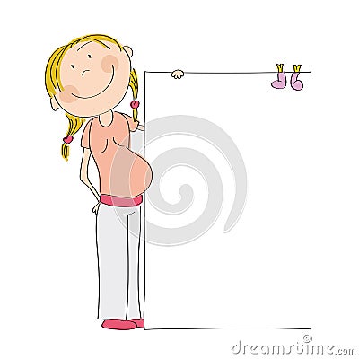 Happy young pregnant woman standing behind blank banner / board Vector Illustration