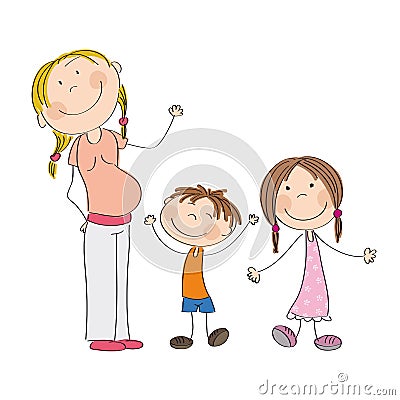 Happy young pregnant woman with two children - boy and girl Vector Illustration