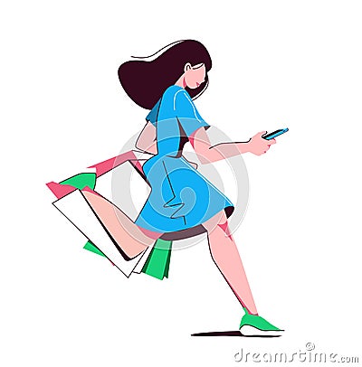 happy young shopping woman running with bags and looks into the phone, concept of sale, bestseller, informing by app Vector Illustration