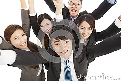 Happy young success business team raise hands Stock Photo