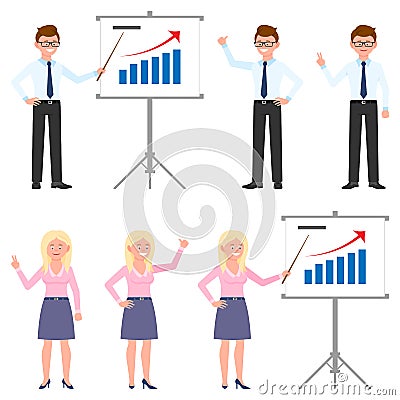 Happy, young, successful office manager vector. Man and woman worker making presentation, report, good results cartoon character Vector Illustration