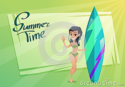 Happy young surfer girl character with surfboard. Vector Illustration