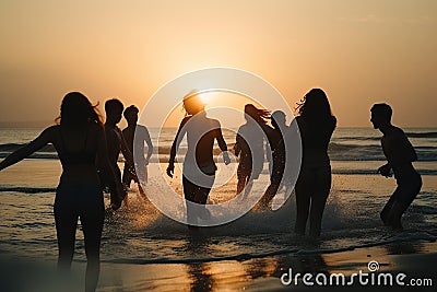 Happy young teens dancing at the beach at beautiful sunset, created with Generative AI technology Stock Photo