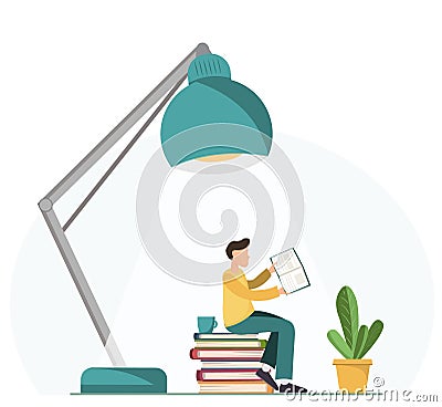 Happy young tiny man reading book under the lamp with a cup of coffee, hobbies concept, education concept Vector Illustration