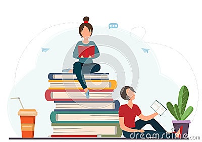 Happy young tiny women, girls reading books with a cup of coffee, hobbies concept, education concept Vector Illustration