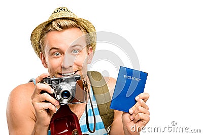 Happy young tourist man holding passport retro camera white back Stock Photo