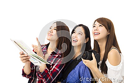 Happy young traveling women looking something Stock Photo