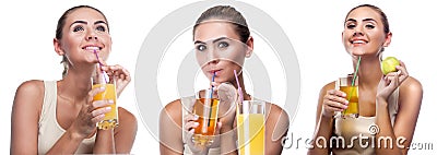 Happy Young Woman with apple juice on white background Stock Photo